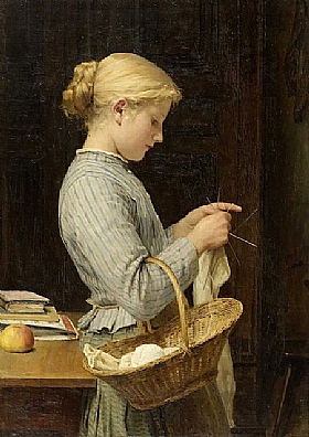 Albert Anker, Jeune fille blonde tricotant - GRANDS PEINTRES / Anker