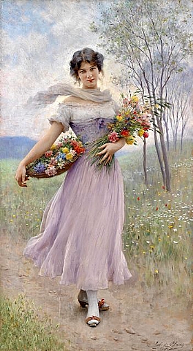 Eugne de Blaas, Femme en robe lilas et bouquet - GRANDS PEINTRES / Blaas