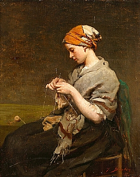 Jules Breton, Jeune fille tricotant - GRANDS PEINTRES / Breton