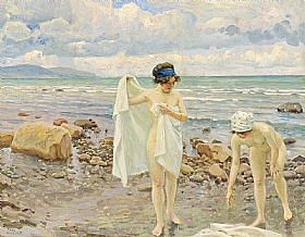 Paul Gustav Fischer, Jeunes femmes  sur une plage - GRANDS PEINTRES / Fischer