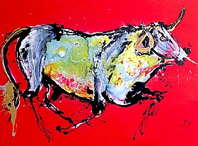 Long Shan, Le jeune taureau fond rouge - PEINTURES LONGSHAN / Taureaux